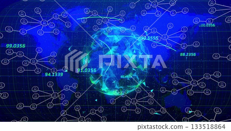 Displaying central faceted globe on blue grid with network lines, nodes and floating data points 133518864