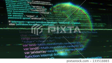 Glowing 3D spherical head illuminating virtual console with floating code text and scan lines 133518865