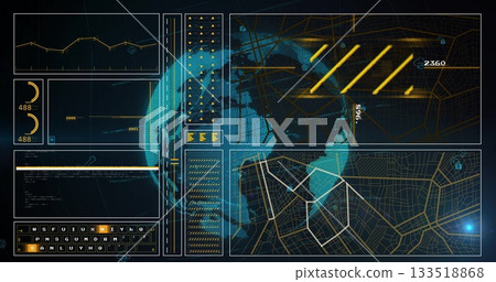 Displaying holographic world globe rotating in control interface, with line graph and network map Displaying holographic world globe rotating in control interface, with line graph and network map 133518868
