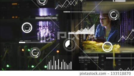 IT technician scanning fiber optic cables using tablet in server room, with LEDs, copy space 133518870