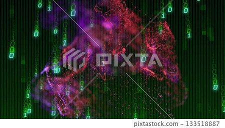 Swirling red and purple particle cloud in digital space, with green binary digits and dark grid Swirling red and purple particle cloud in digital space, with green binary digits and dark grid 133518887