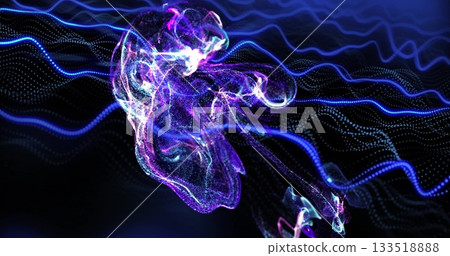 Swirling neon abstract form gliding in digital realm with glowing core, tendrils and wave lines Swirling neon abstract form gliding in digital realm with glowing core, tendrils and wave lines 133518888