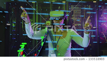 Exploring VR headset data streams inside server room, interacting with holographic interface Exploring VR headset data streams inside server room, interacting with holographic interface 133518903