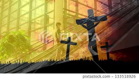 Standing adult man riding escalator in modern atrium, with sunlight beams and crosses, copy space 133518926
