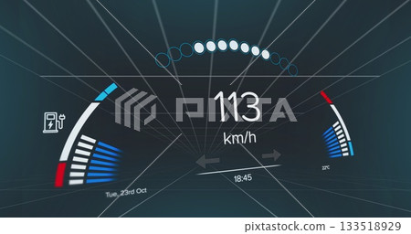 Displaying cockpit HUD showing speed, charging gauge, temperature gauge and circular indicators 133518929