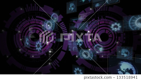 Displaying hologram panels and HUD rings floating in virtual space, with code snippets and nodes 133518941