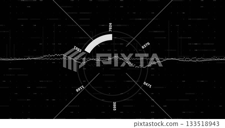 Displaying dashboard data with dotted waveform, concentric rings, numeric labels and white arc Displaying dashboard data with dotted waveform, concentric rings, numeric labels and white arc 133518943