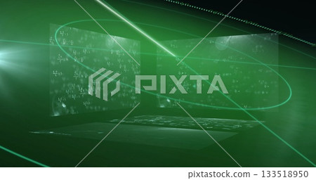 Floating holographic panels displaying math equations in chamber with green beam and particles Floating holographic panels displaying math equations in chamber with green beam and particles 133518950