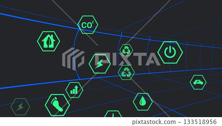 Traveling neon green lightning bolt icon through virtual tunnel, with recycling and water icons 133518956