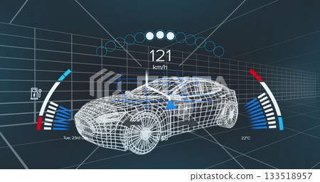 Displaying wireframe car model floating in futuristic display, with speedometer and battery icon 133518957