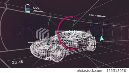 Animating wireframe car navigating grid tunnel, with battery icon, line chart and navigation arrow 133518958