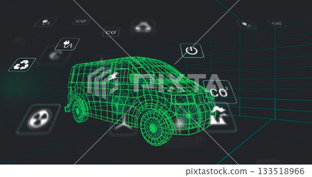 Floating wireframe van model hovering in neon grid simulation space, with translucent energy icons 133518966