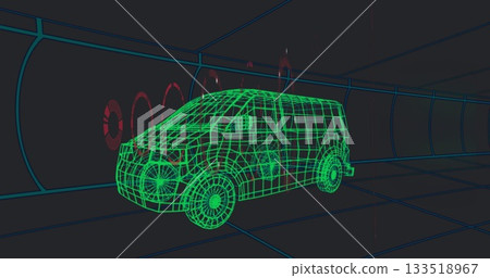 Displaying green wireframe van model in 3D tunnel, showing teal grid-lined walls and red rings Displaying green wireframe van model in 3D tunnel, showing teal grid-lined walls and red rings 133518967