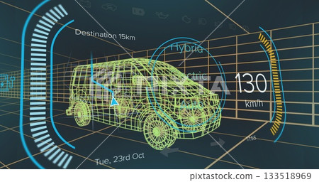 Displaying 3D wireframe van projecting within virtual simulation, with HUD arrow and speedometer 133518969