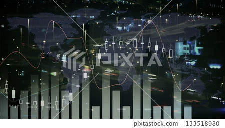 Overlaying world map over nighttime urban traffic with candlestick markers, trend line, bar charts 133518980