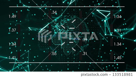Showing wireframe globe rotating at network panel, with numeric labels, arrows and bars 133518981