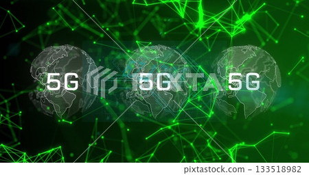 Displaying three 5G wireframe globes in network visualization, with neon green links and particles Displaying three 5G wireframe globes in network visualization, with neon green links and particles 133518982
