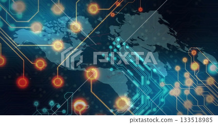 Displaying stylized world map overlaying network circuitry in digital space, with glowing nodes 133518985