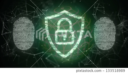 Displaying green shield icon glowing in digital network environment, with white fingerprint scans 133518989