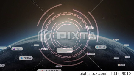 Displaying circular HUD overlay tracking connections in space, with Earth and floating data icons 133519010