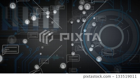 Displaying concentric circular HUD at right on grid background, with message bubbles, circuit lines 133519011