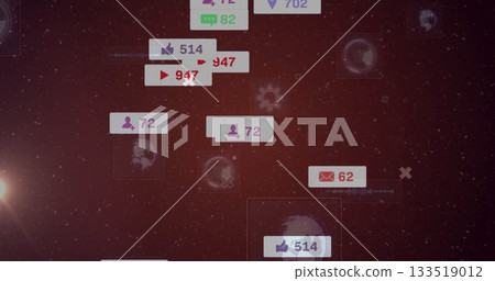 Social media notification cards floating in space-themed dashboard interface, with icon metrics Social media notification cards floating in space-themed dashboard interface, with icon metrics 133519012