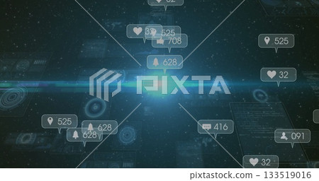 Notification icons and HUD glowing and hovering in virtual interface, with notification counts Notification icons and HUD glowing and hovering in virtual interface, with notification counts 133519016