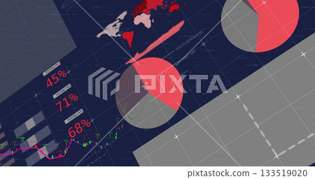 Displaying analytics dashboard on dark navy background, with pie charts, world map and line chart 133519020