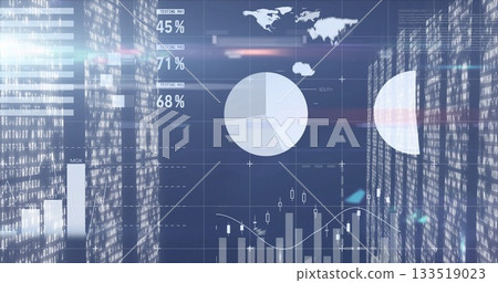 Showing finance dashboard in virtual interface with pie chart, bar graphs and world map icons 133519023