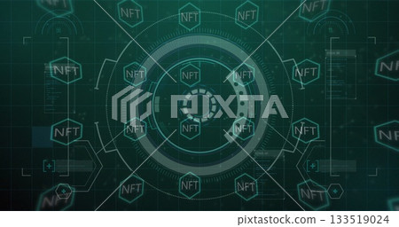 Rotating central circular HUD element displaying code on holographic display with NFT hexagon grid Rotating central circular HUD element displaying code on holographic display with NFT hexagon grid 133519024