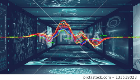 Floating colorful waveform graph winding through data tunnel, with schematics and numeric overlays 133519028