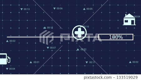 Displaying white progress line, plus icon, 100%, timestamps, gas pump and house icons, on blue grid 133519029