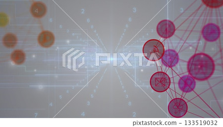 Bright light node radiating numeric lines in data space with wireframe orange and red-pink nodes 133519032