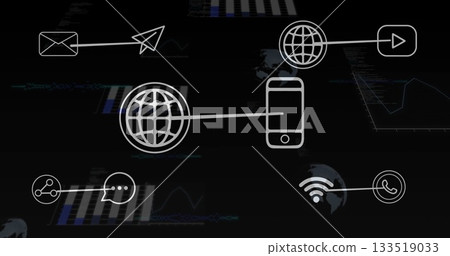 Displaying dark interface connecting communication and network icons, with central smartphone icon Displaying dark interface connecting communication and network icons, with central smartphone icon 133519033