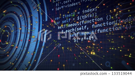 Lines of code floating over 3D grid space, with circular HUD, glowing nodes, connecting lines 133519044