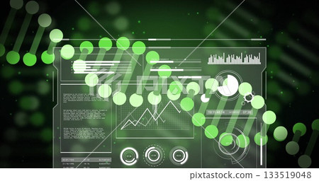 Showing translucent dashboard operating in data interface, with DNA helix, charts and data points Showing translucent dashboard operating in data interface, with DNA helix, charts and data points 133519048