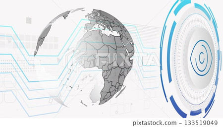 Showing grayscale globe in tech panel, light blue circuits, HUD rings and blue segments, copy space Showing grayscale globe in tech panel, light blue circuits, HUD rings and blue segments, copy space 133519049