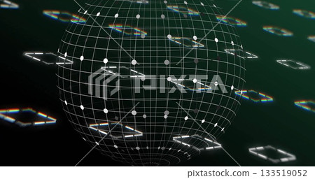Spinning wireframe sphere in virtual environment, with white grid lines, nodes and luminous squares Spinning wireframe sphere in virtual environment, with white grid lines, nodes and luminous squares 133519052