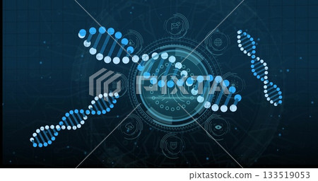 Displaying central HUD glowing with DNA helix at blue grid screen, featuring technology icons 133519053