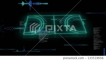 Displaying holographic sports-court schematic floating in void, with code blocks and blue data bars 133519056