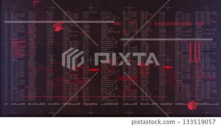 Presenting data interface on terminal with tables line graphs 3D shapes hex grid crosshair markers 133519057