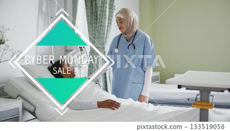 Nurse in scrubs checking patient at hospital bedside, with IV drip and CYBER MONDAY SALE overlay 133519058