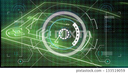 Projecting HUD interface showing concentric rings and lines on control screen, with hexagonal nodes 133519059