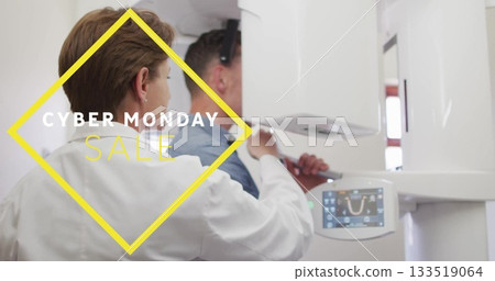 Adjusting dentist positioning X-ray arm around patient head in clinic, with digital display 133519064