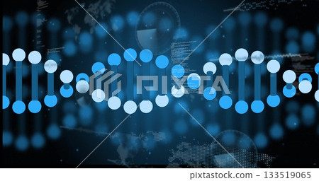 Displaying DNA double helix at virtual interface with bokeh lights, code, world map and UI overlays 133519065