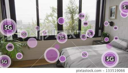 Projecting purple 5G signal icons across bedroom brick walls, with gray bed plants and tall windows Projecting purple 5G signal icons across bedroom brick walls, with gray bed plants and tall windows 133519066