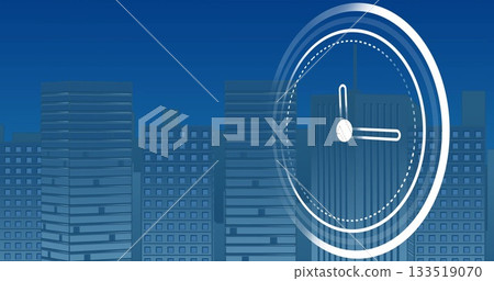 Featuring urban high-rise silhouettes rising against blue sky, with white analog clock, copy space 133519070
