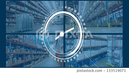 Displaying security camera feeds showing warehouse racks, trolleys, boxes and analog clock graphic Displaying security camera feeds showing warehouse racks, trolleys, boxes and analog clock graphic 133519071