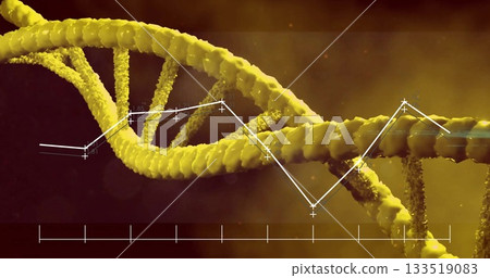 Displaying yellow DNA double helix twisting inside virtual space, with line chart and axis ticks Displaying yellow DNA double helix twisting inside virtual space, with line chart and axis ticks 133519083