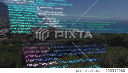 Floating translucent code overlay drifting across hillside with forest, red-tiled houses and sea Floating translucent code overlay drifting across hillside with forest, red-tiled houses and sea 133519088